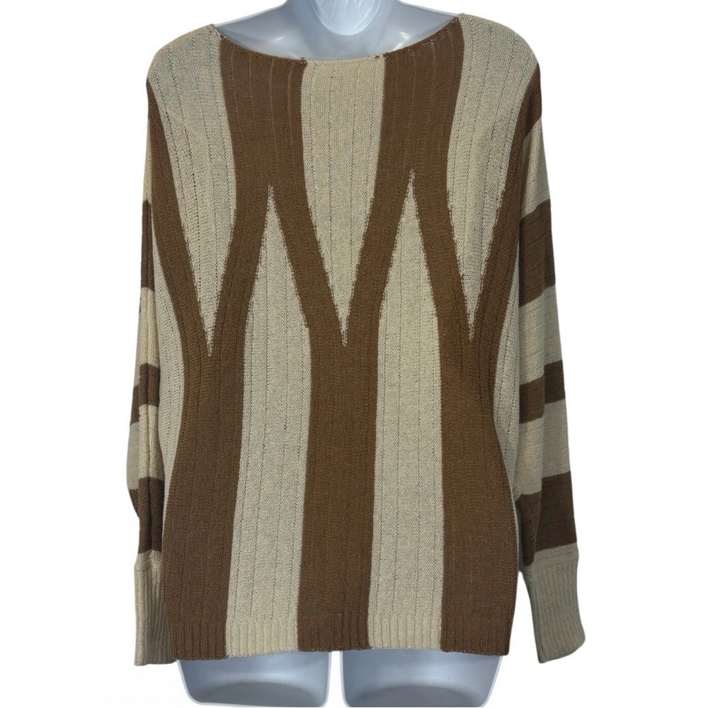Chico’s Brown & Cream Striped Sweater Dolman Sleeve Oversized Boho Top - Picture 5 of 9